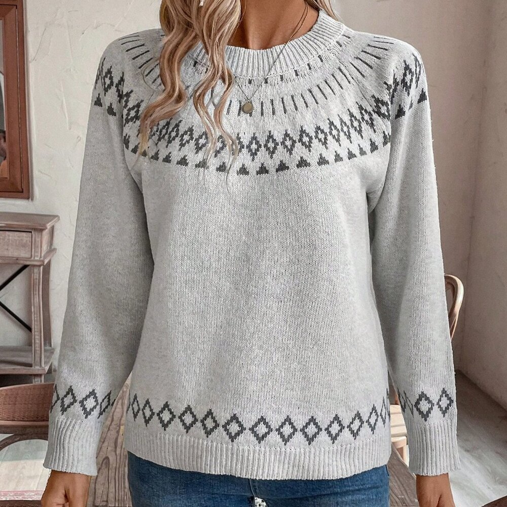 Grey Casual Women's Crew Neck Geometric Print Long Sleeve Sweater - Picture 4 of 6
